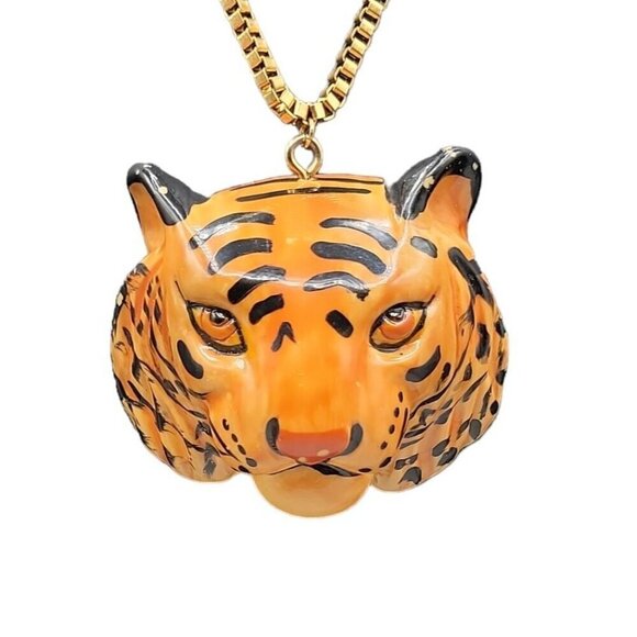 Tiger Head Pendant Necklace 22" Gold Plated Box Chain Handmade Large Statement - Picture 7 of 16